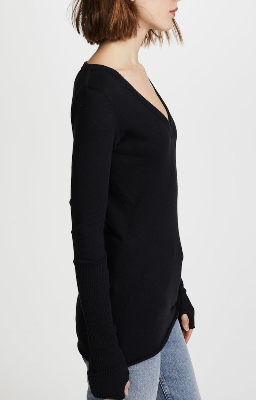 Enza Costa First Layered Cuff V Neck Sweater - Black