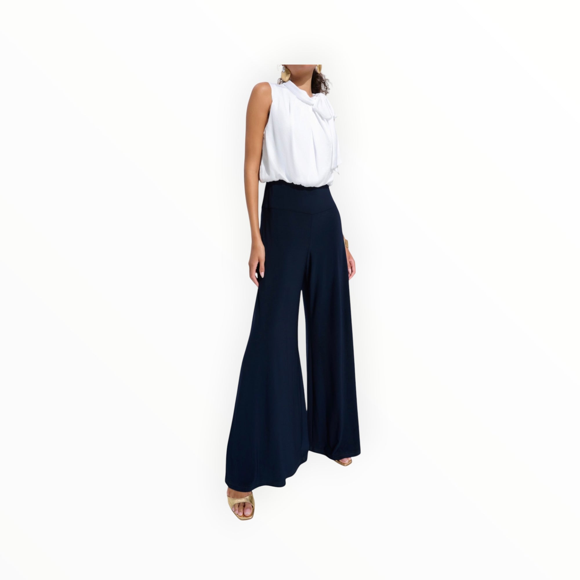 Joseph Ribkoff Wide Leg Jumpsuit With Neck Bow Tie - Midnight Blue/Vanilla