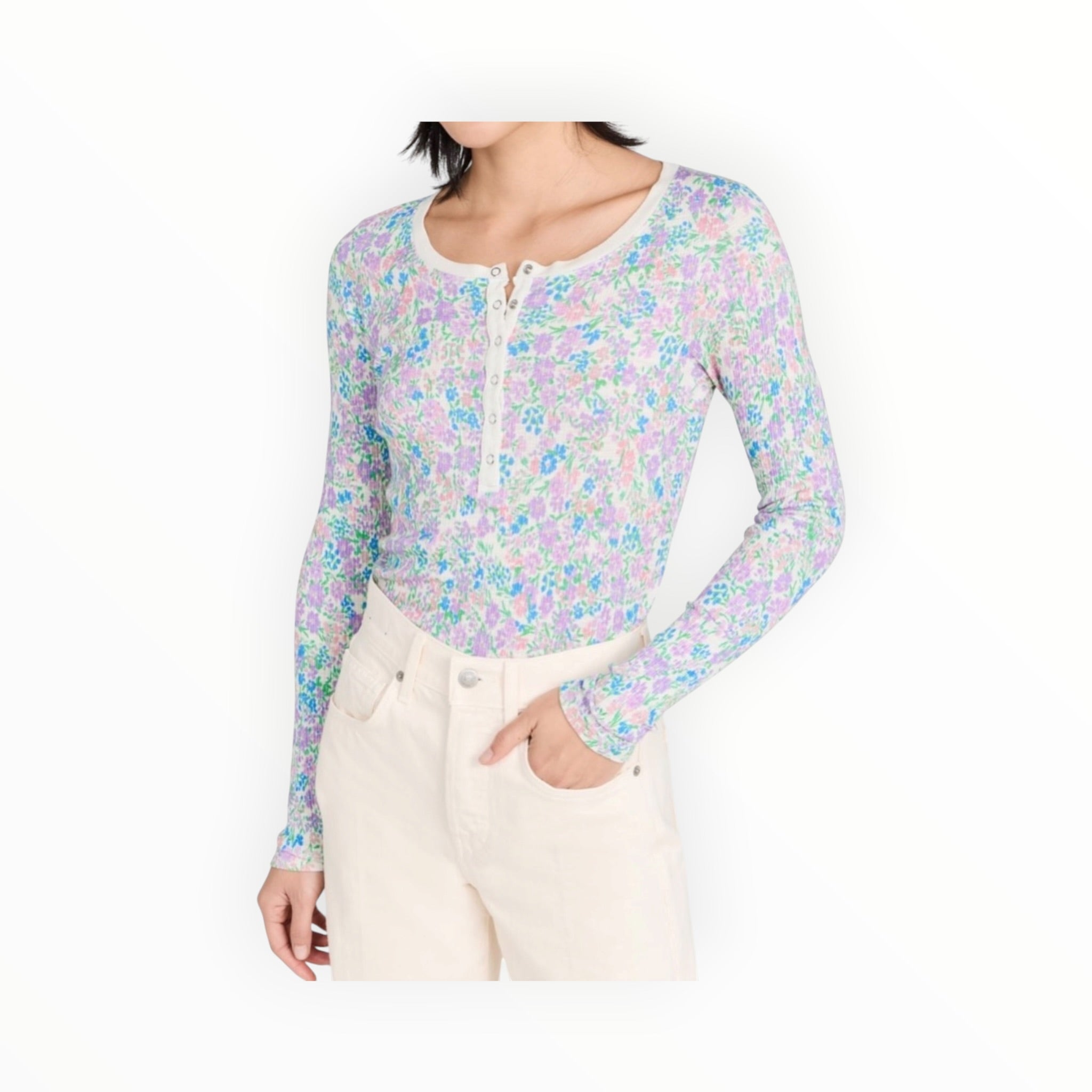 Sundry Vida Floral Henley - Oat Milk