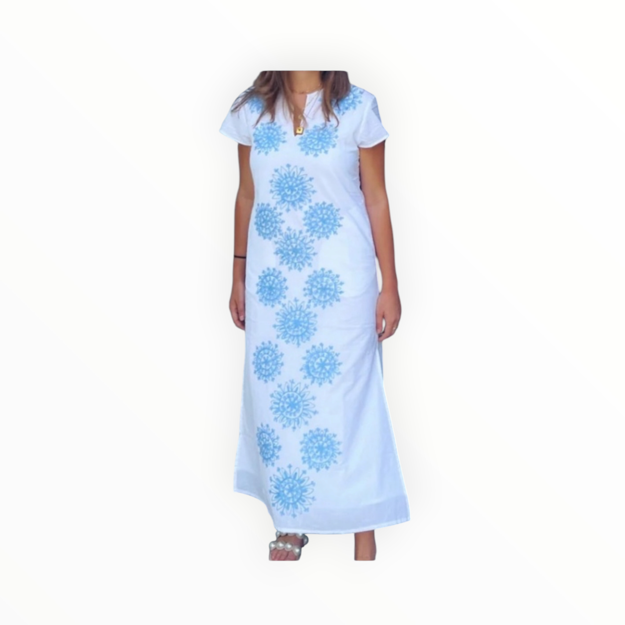 Madison Matthews Sara White Maxi Dress With Blue Embroidery