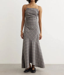 GANNI Check Mix Ruched Long Slip Dress - Frost Grey