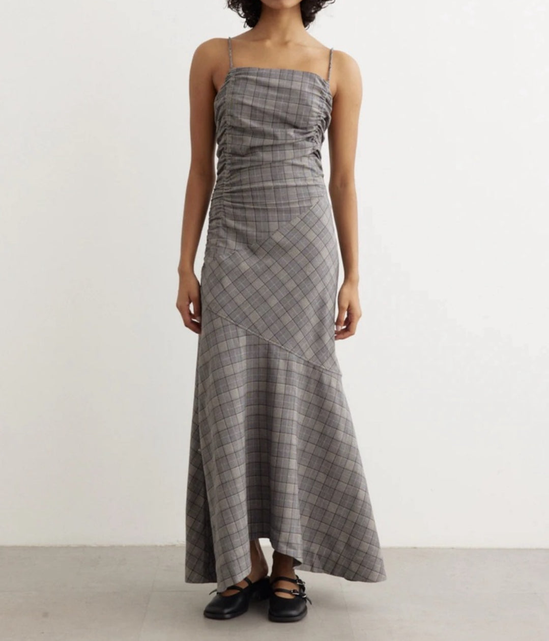 GANNI Check Mix Ruched Long Slip Dress - Frost Grey