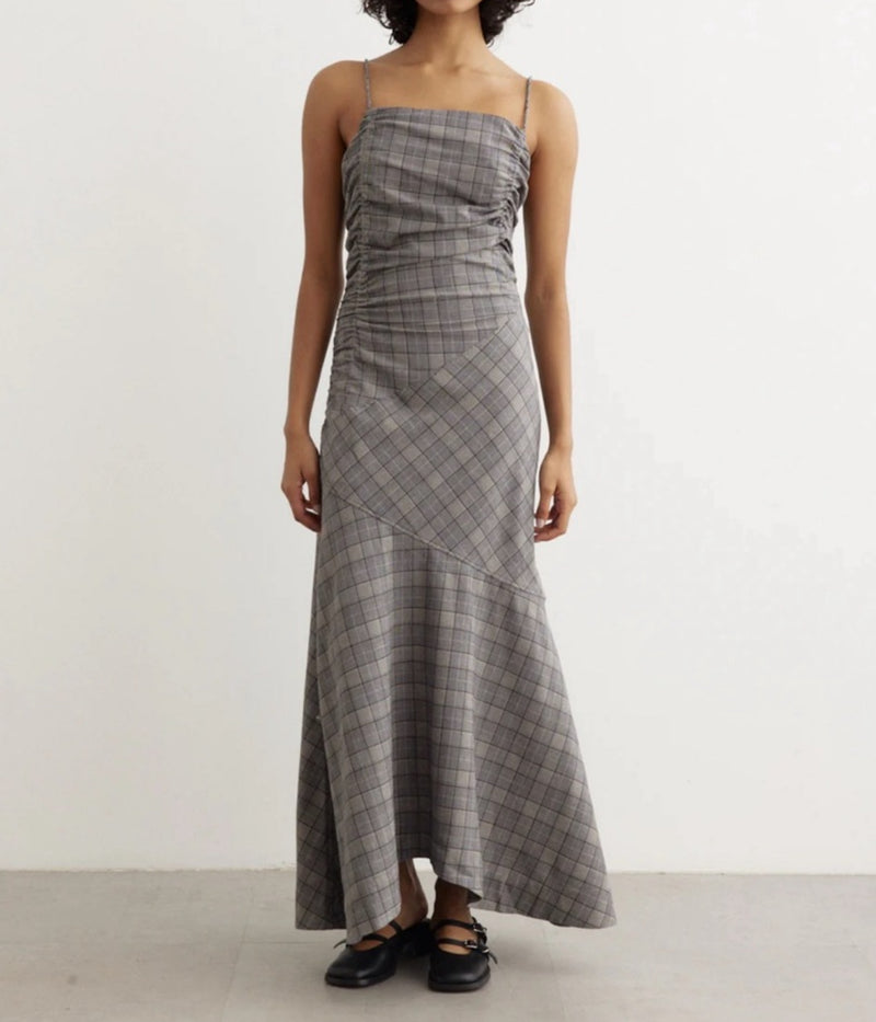 GANNI Check Mix Ruched Long Slip Dress - Frost Grey