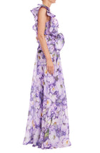Badgley Mischka Ruffle One Shoulder Floral Gown - Lilac Multi