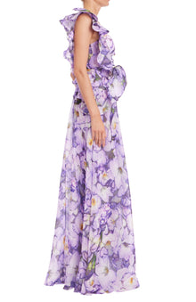 Badgley Mischka Ruffle One Shoulder Floral Gown - Lilac Multi