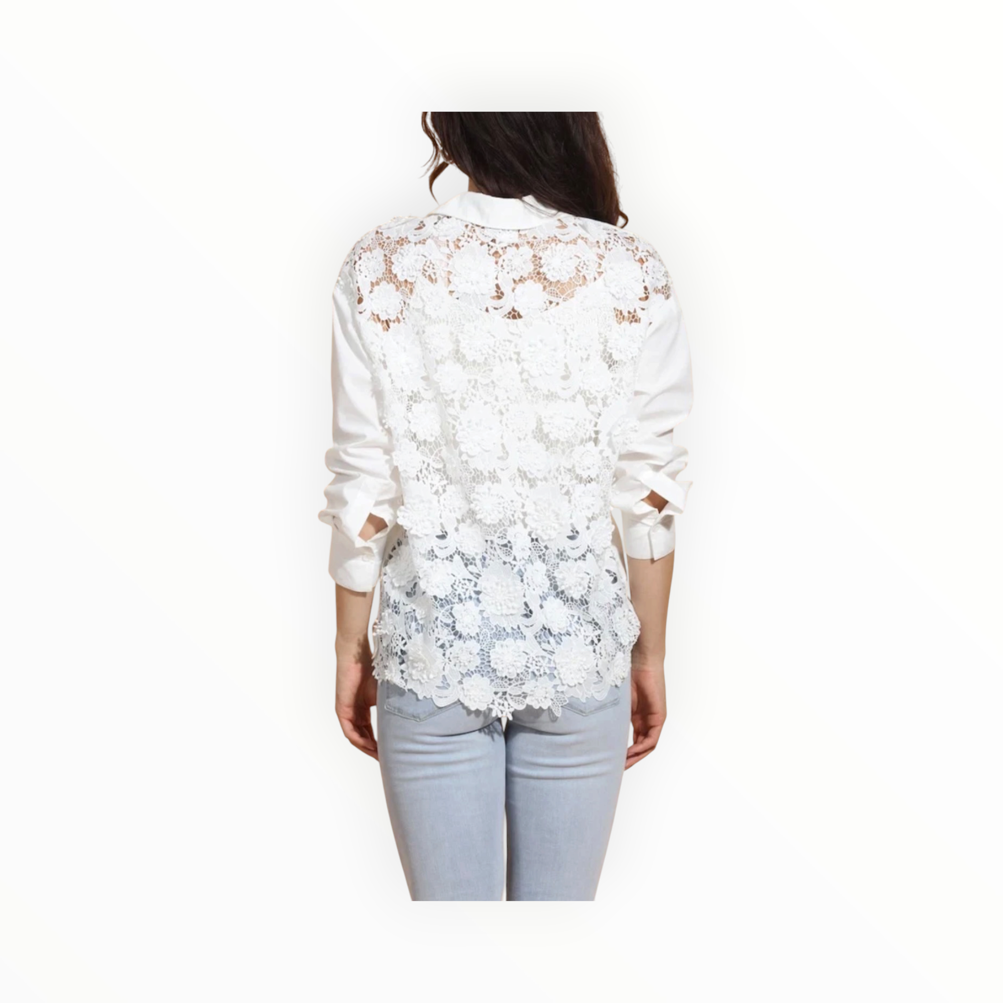 Jessie Liu Cotton Shirt with 3-D Applique Lace Back - White