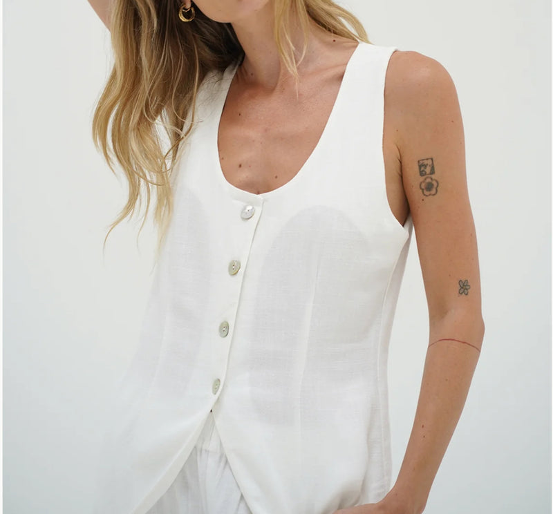 LNA Long Line Linen Vest - Whisper White