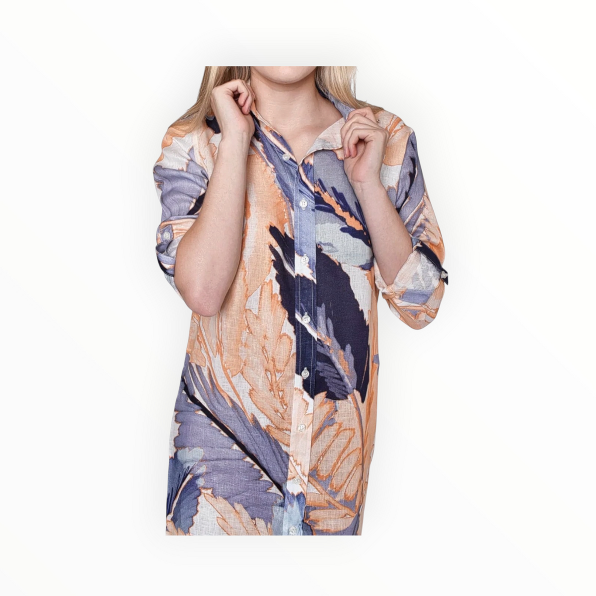 Emily Phillips Peach/Blue Leaf Linen Girlfriend Midi Dress