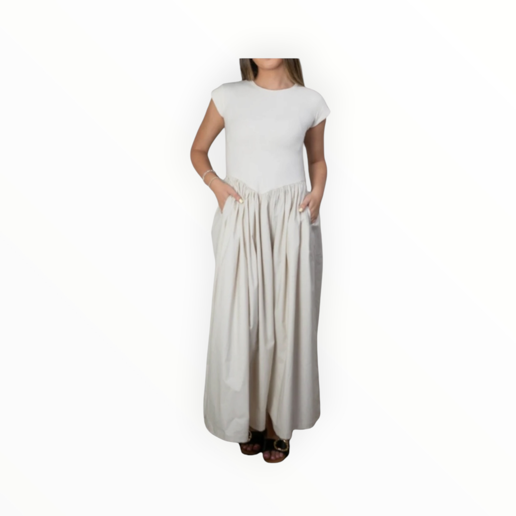 Miou Muse Ribbed Top Woven Skirt Combo Dress - Cream