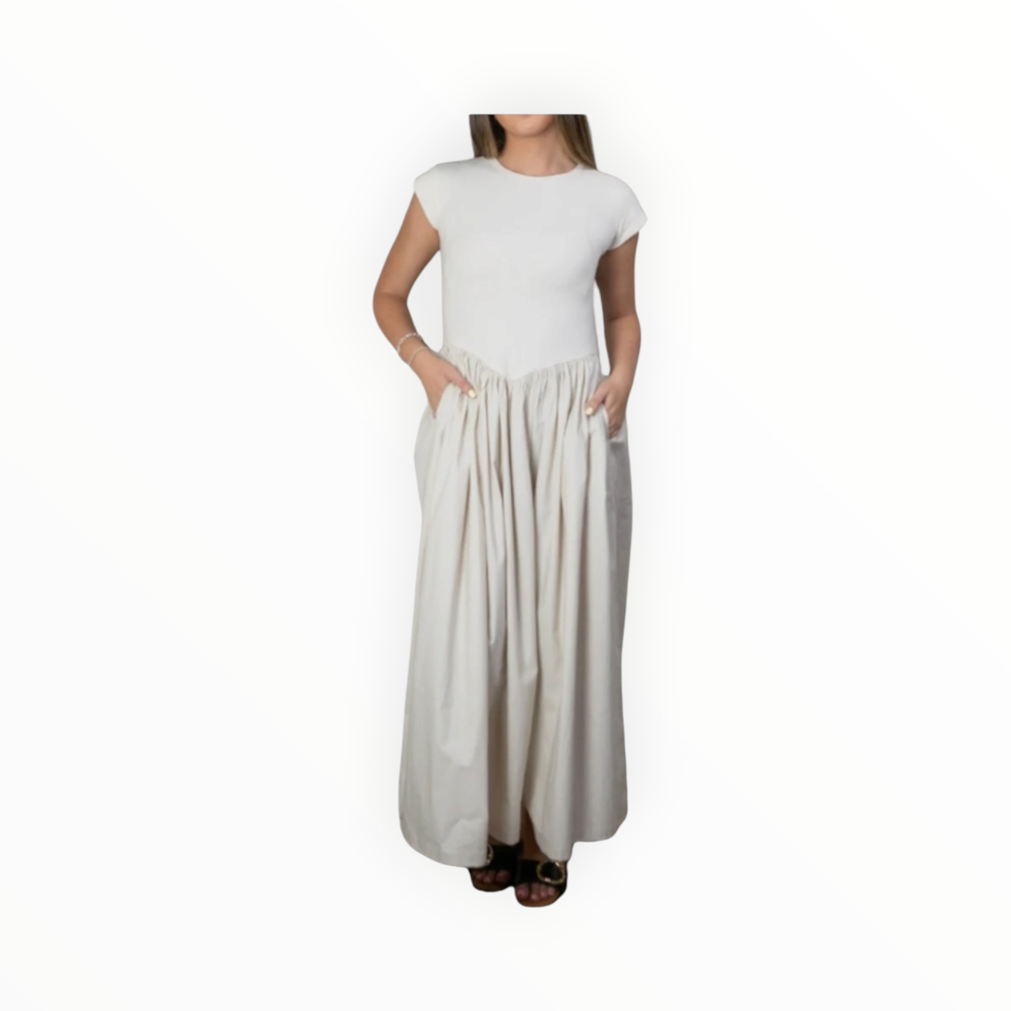 Miou Muse Ribbed Top Woven Skirt Combo Dress - Cream