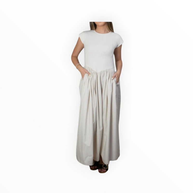Miou Muse Ribbed Top Woven Skirt Combo Dress - Cream
