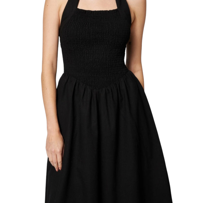 Amanda Maria Linen Cotton Smocked Halter Dress - Black