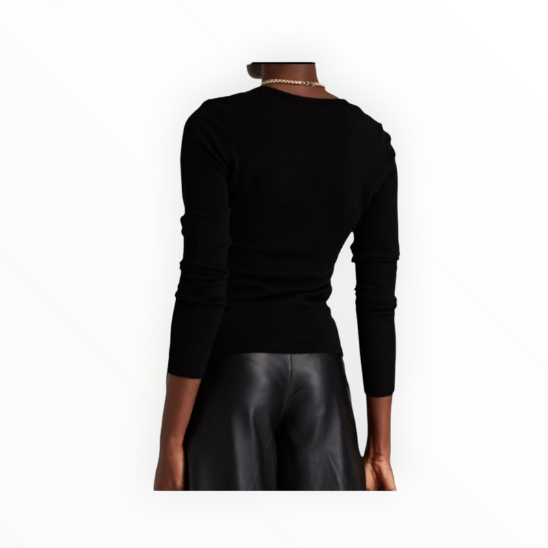 Autumn Cashmere Ruched Slim V Neck Sweater - Black