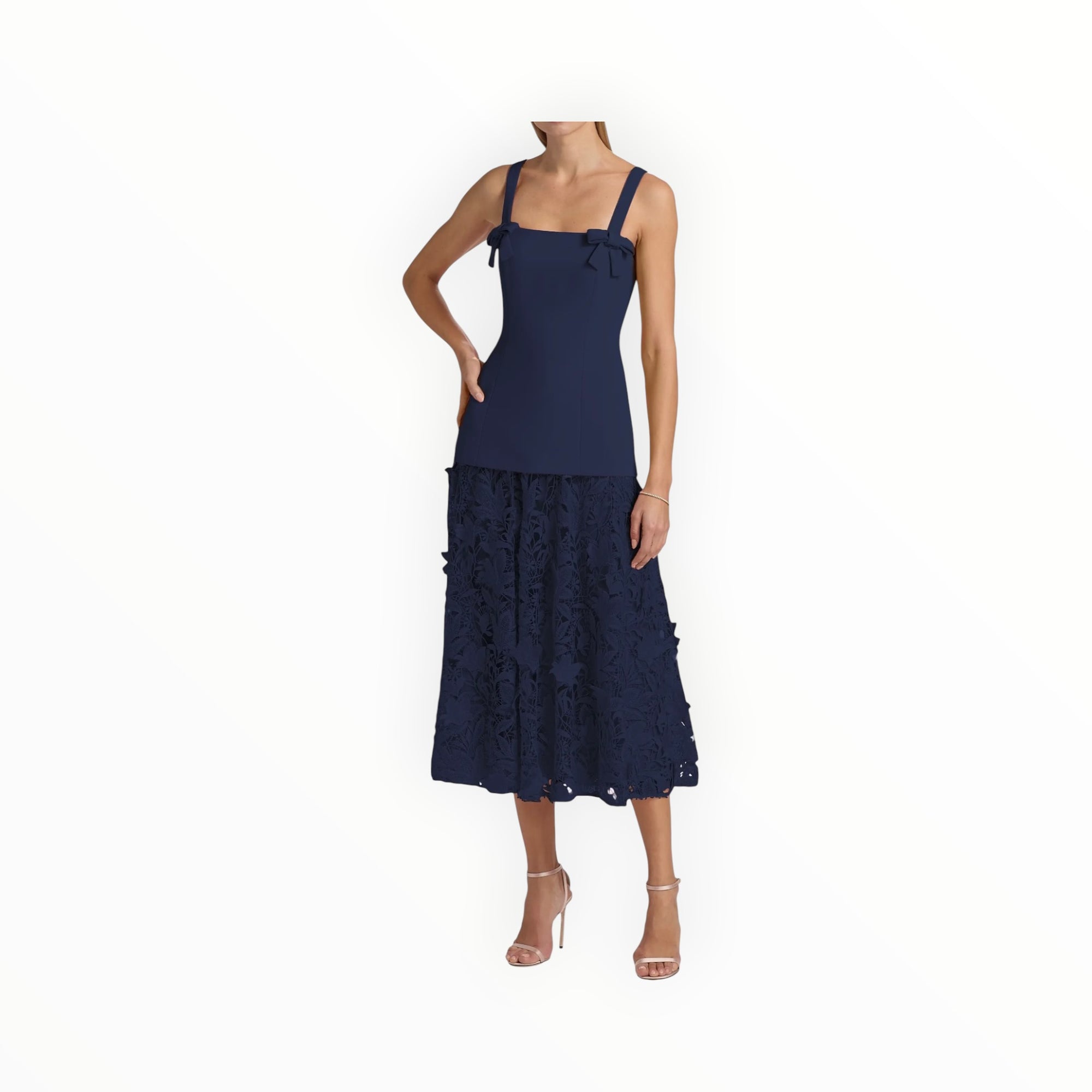 Badgley Mischka Mixed-Media Lace Midi-Dress - Navy