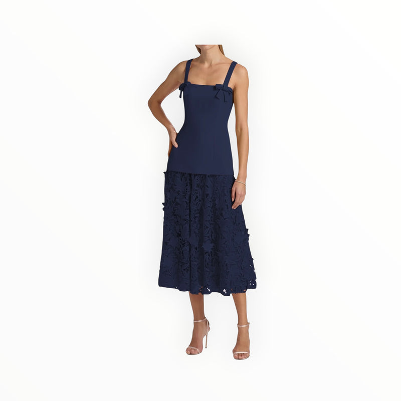 Badgley Mischka Mixed-Media Lace Midi-Dress - Navy