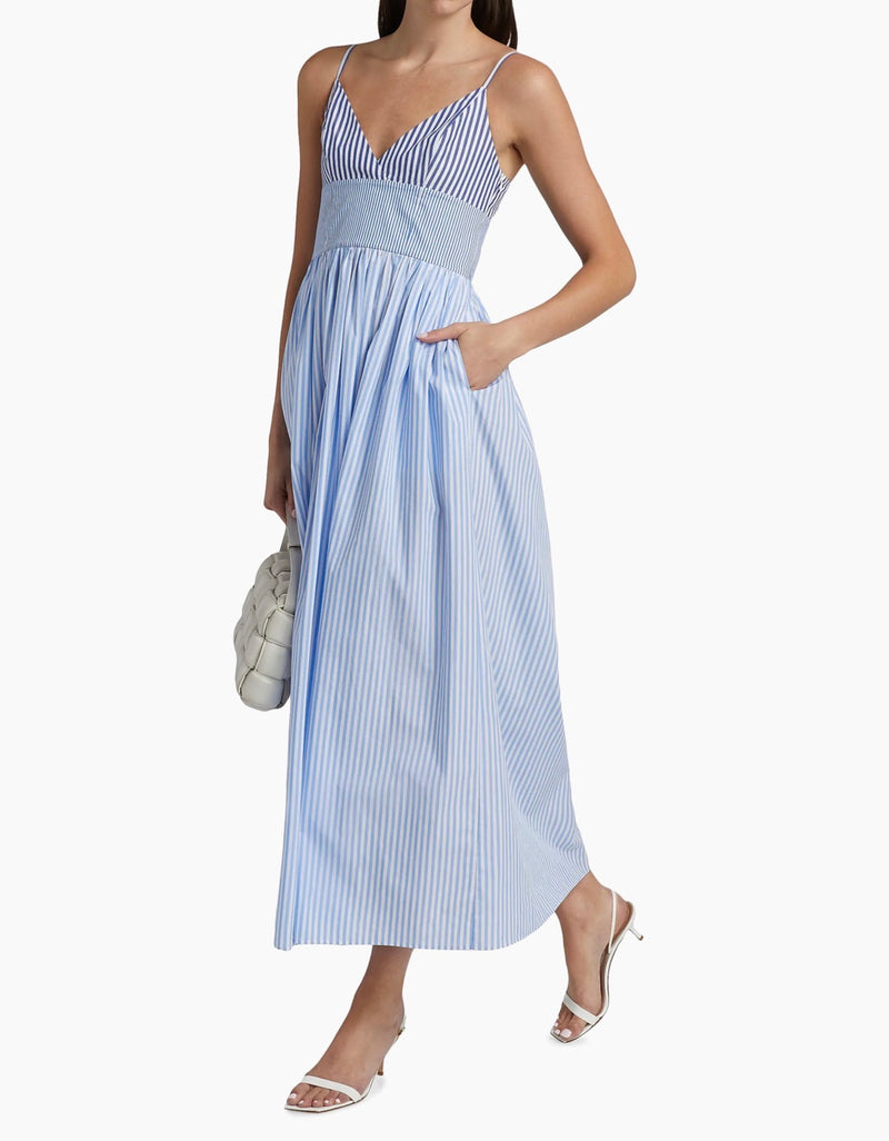 Naadam Striped Cotton Poplin A-Line Midi Dress - Blue Combo