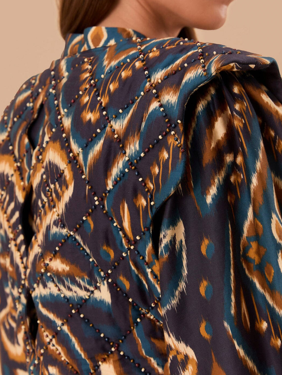 Farm Rio Blue Pineapple Ikat Long Sleeve Matelasse Blouse