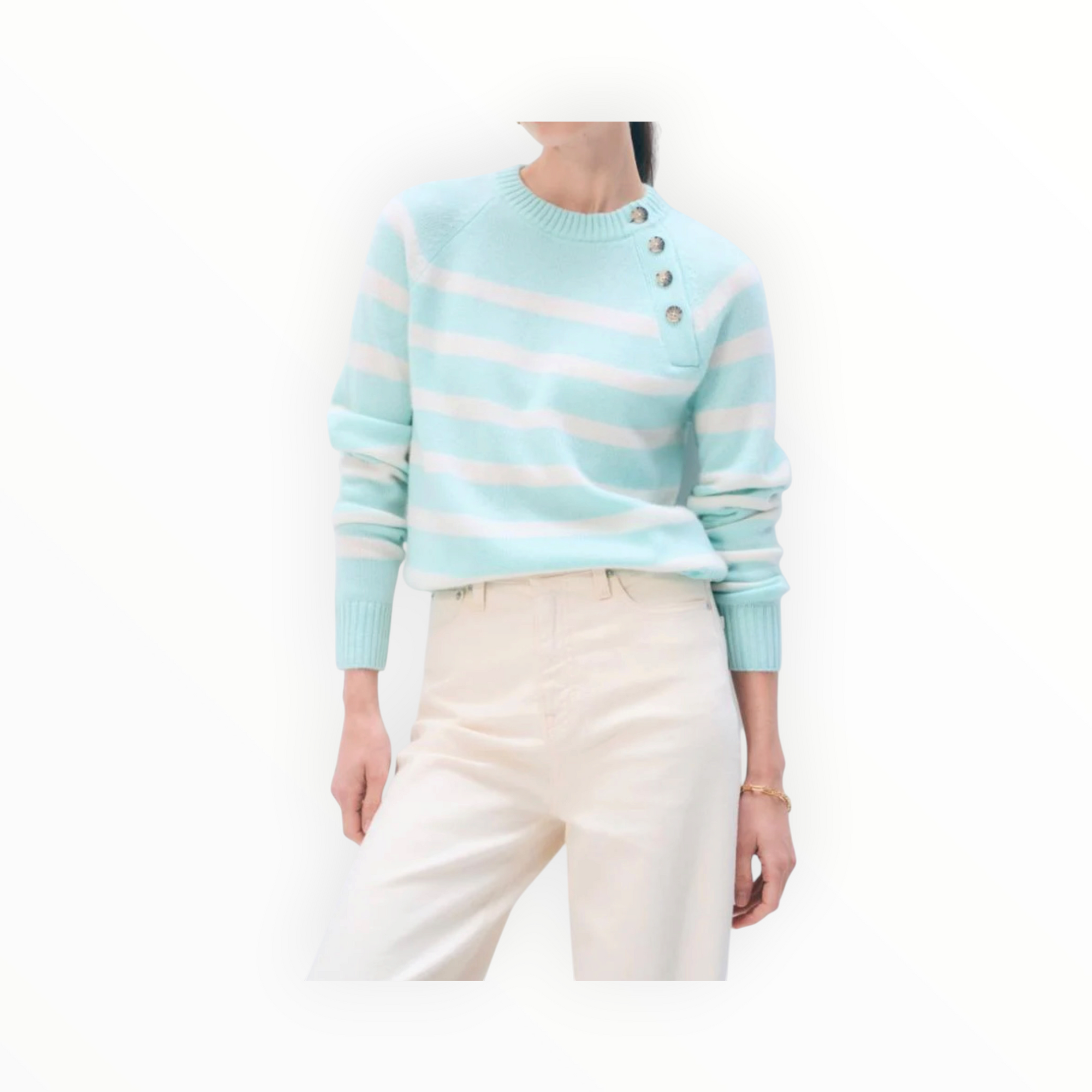 White + Warren Featherweight Cashmere Striped Sweater - Light Aqua/Soft White