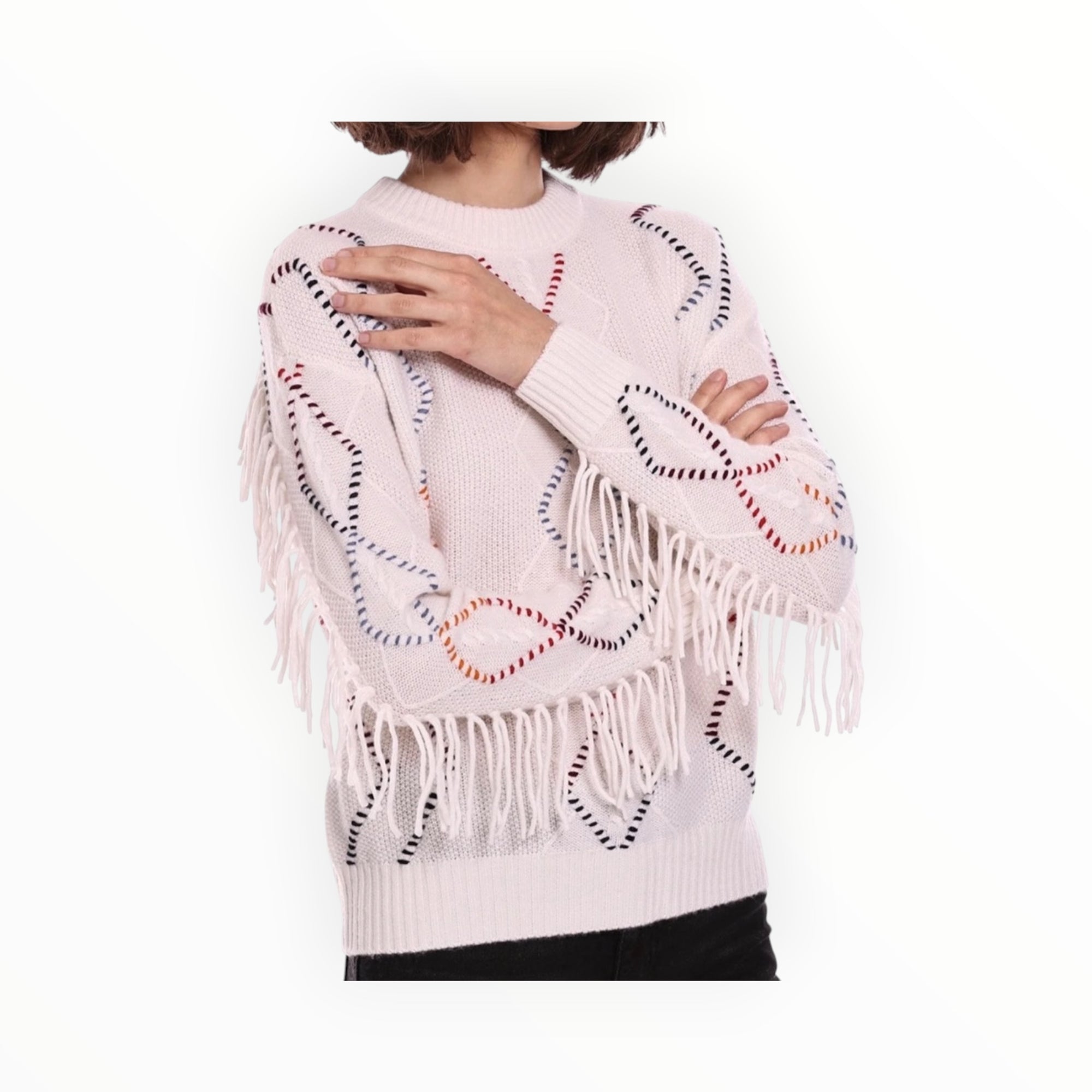 Minnie Rose Cable Corded Fringe Pullover - White Combo