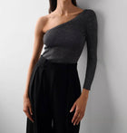 White + Warren Lurex Shine One Shoulder Top - Black