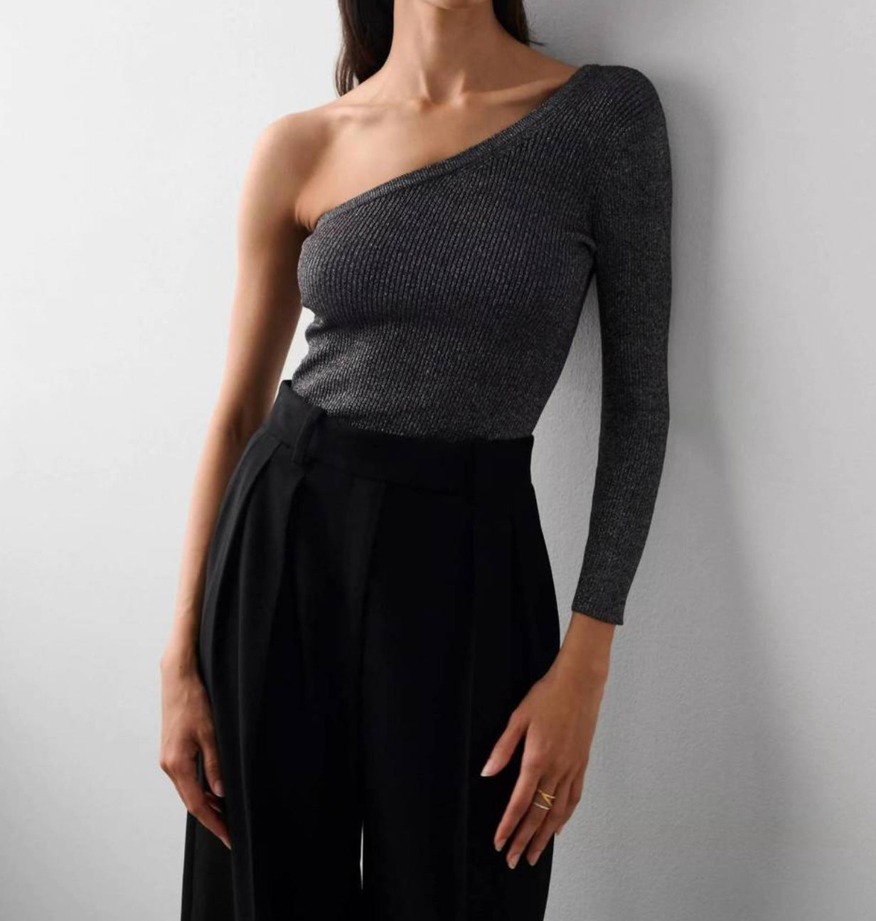 White + Warren Lurex Shine One Shoulder Top - Black