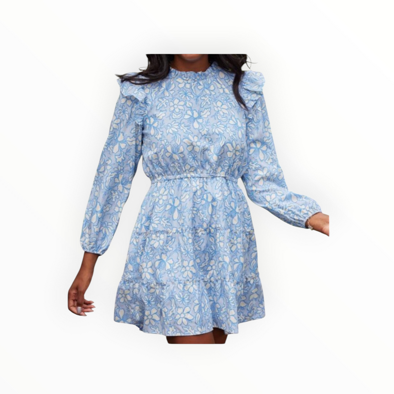 Sail to Sable Long Sleeve Smocked Waist Dress - Periwinkle Floral