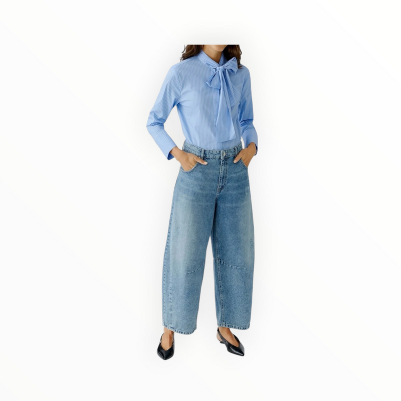Oui Blouse W/Tie - Blue/White Stripe