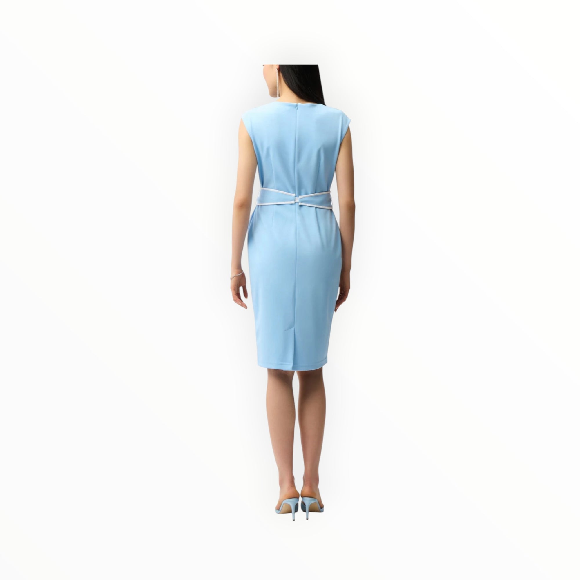 Joseph Ribkoff Sheath Dress With Cowl Neck and Belt - Sky Blue/Vanilla