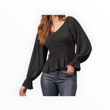 Lola & Sophie Smocked V-Neck Top - Black