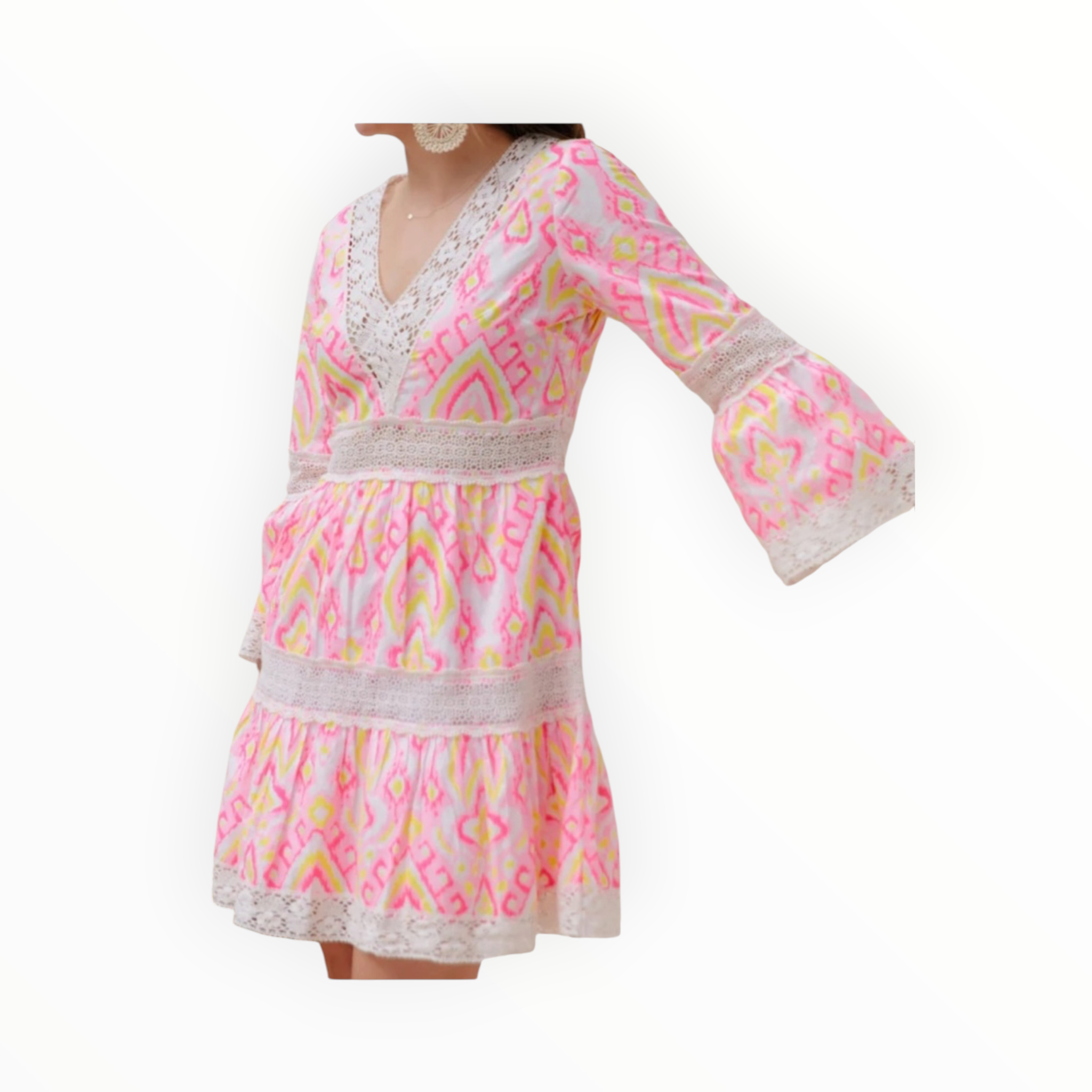 Sail To Sable Pink Ikat Bell Sleeve Dress with Lace