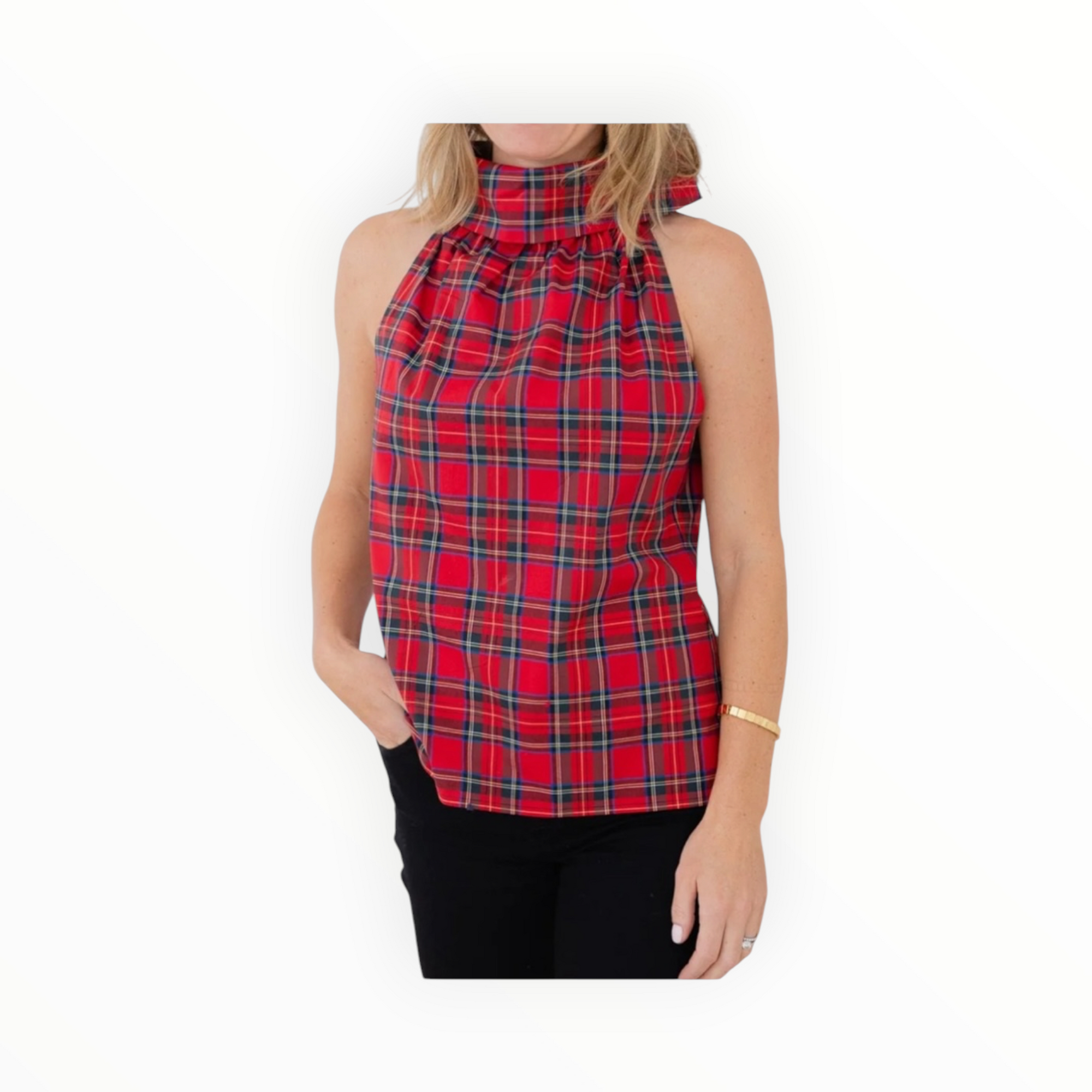 Sail to Sable Tartan Cowl Neck Button Back Top - Red