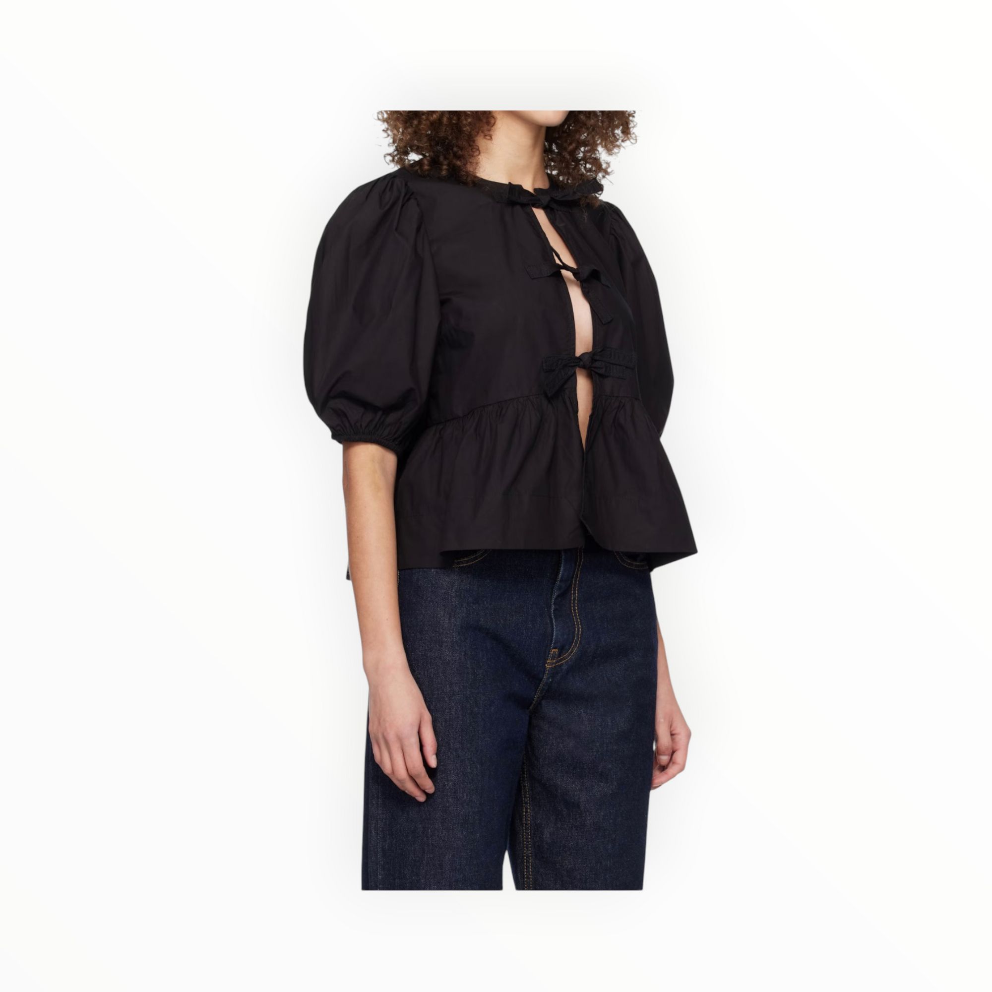 GANNI Cotton Poplin Peplum Tie Blouse - Black