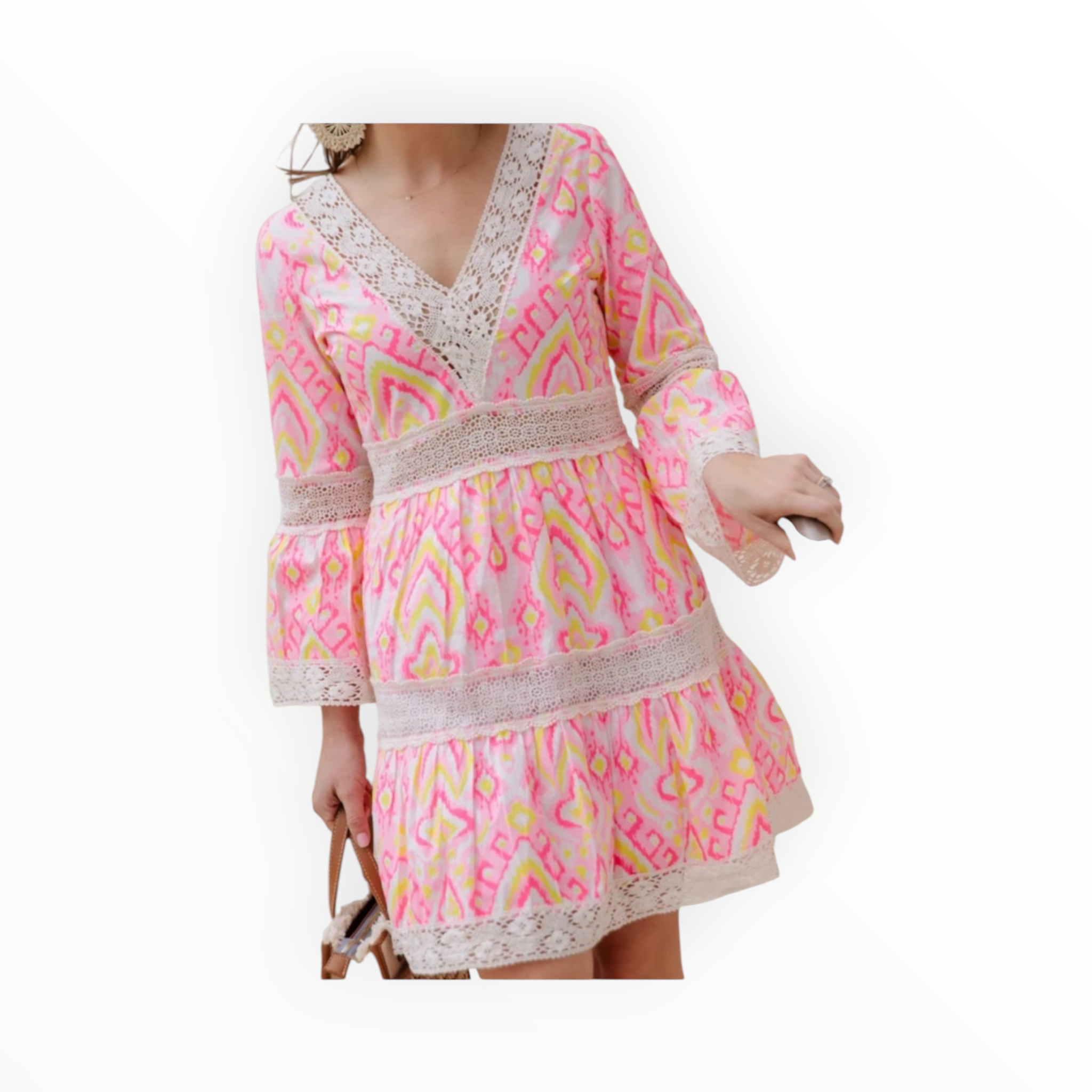 Sail To Sable Pink Ikat Bell Sleeve Dress with Lace