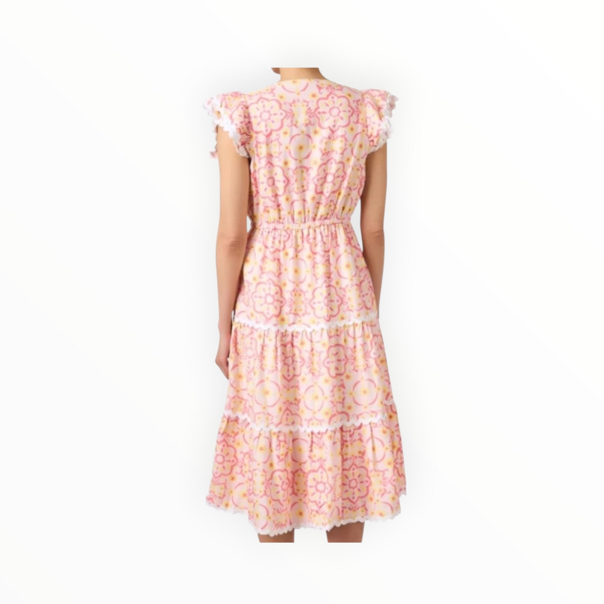 Sail To Sable Peach & Lemon Blush Medallion Print Flutter Sleeve Ric-Rac Dress