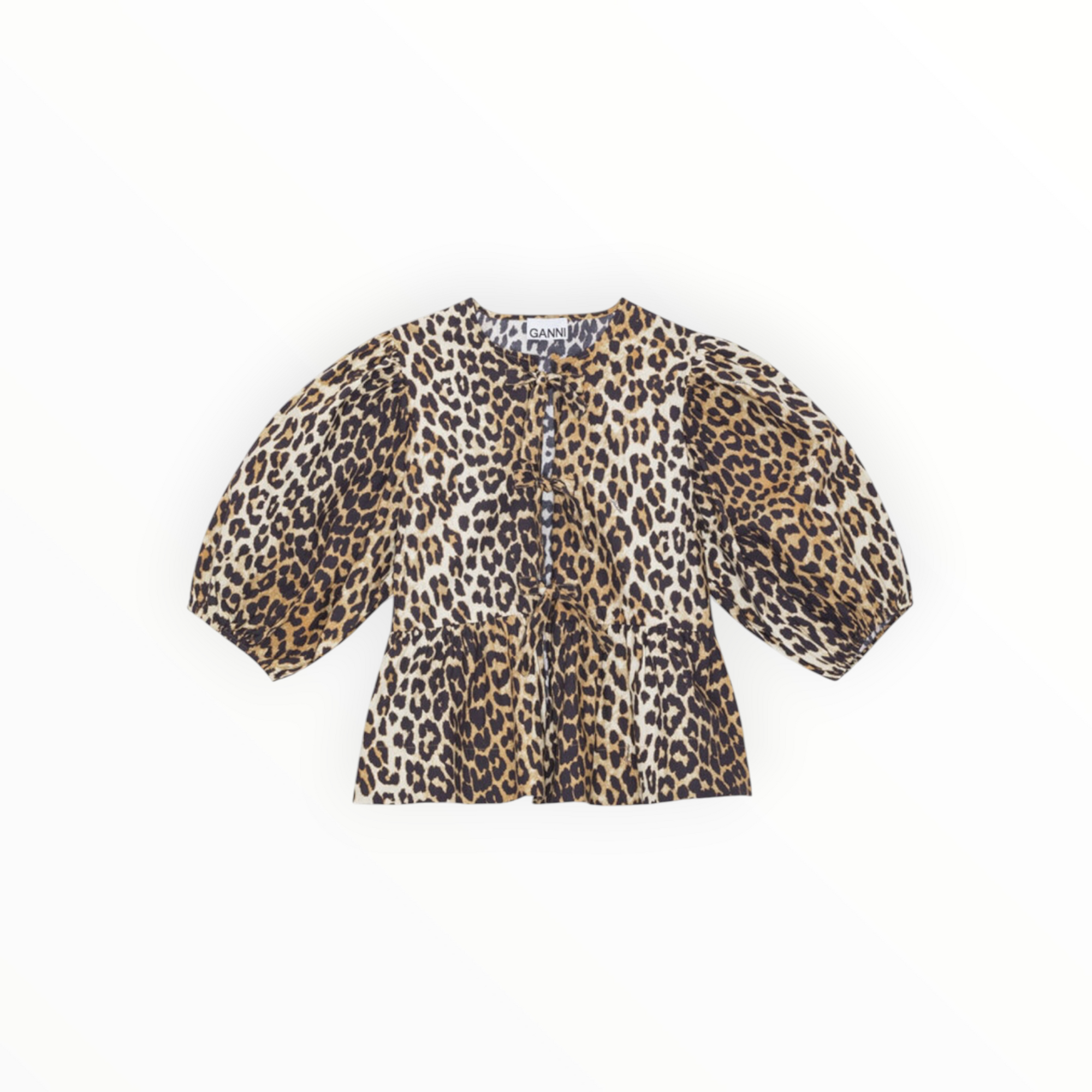 GANNI Cotton Poplin Peplum Tie Blouse - Leopard