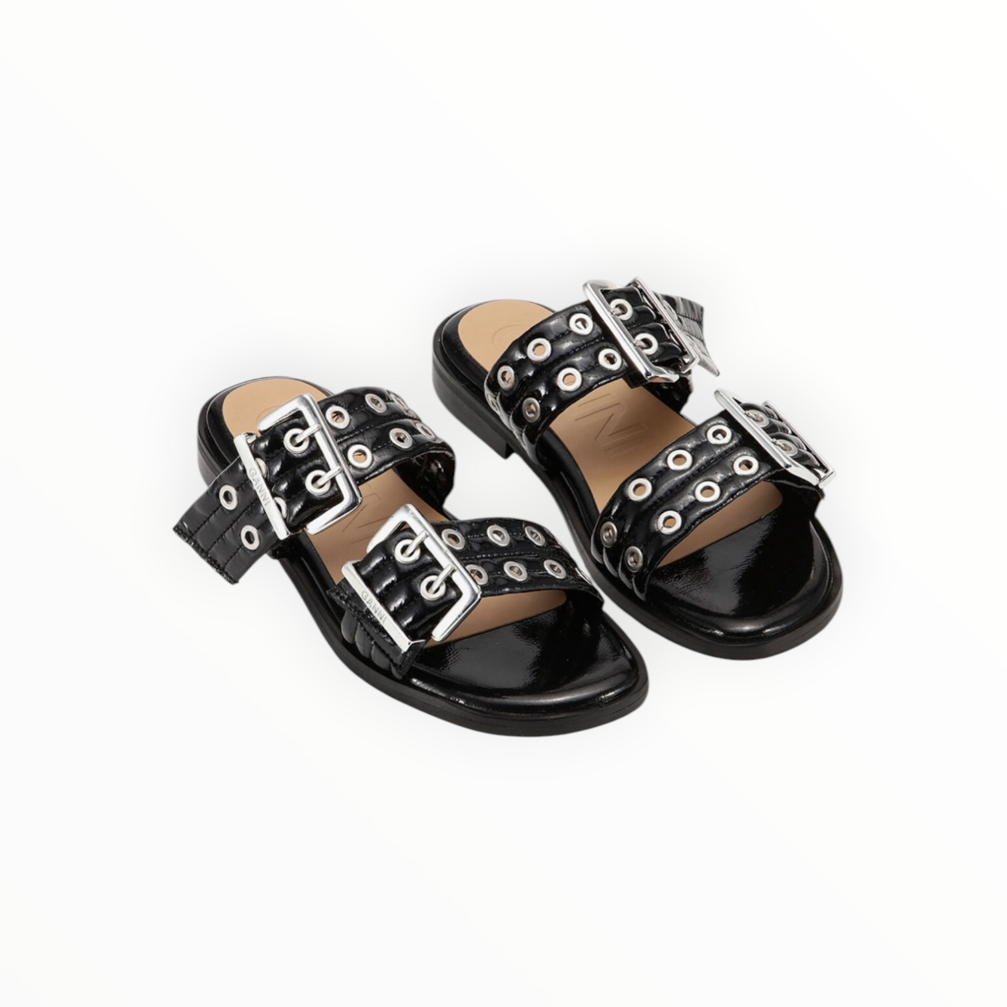 GANNI Feminine Buckle Two-Strap Sandals - Black