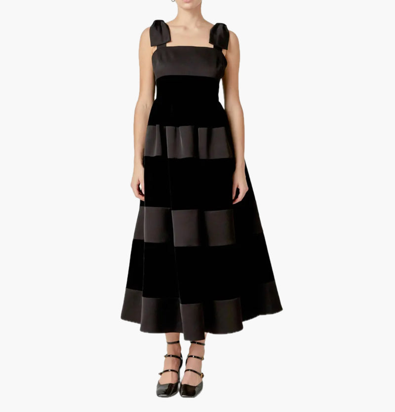 English Factory Bow Shoulder Velvet Contrast Dress - Black