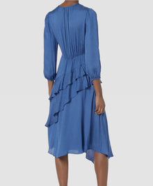 Shoshanna Tara Ruffle Satin Jacquard Dress - Denim Blue