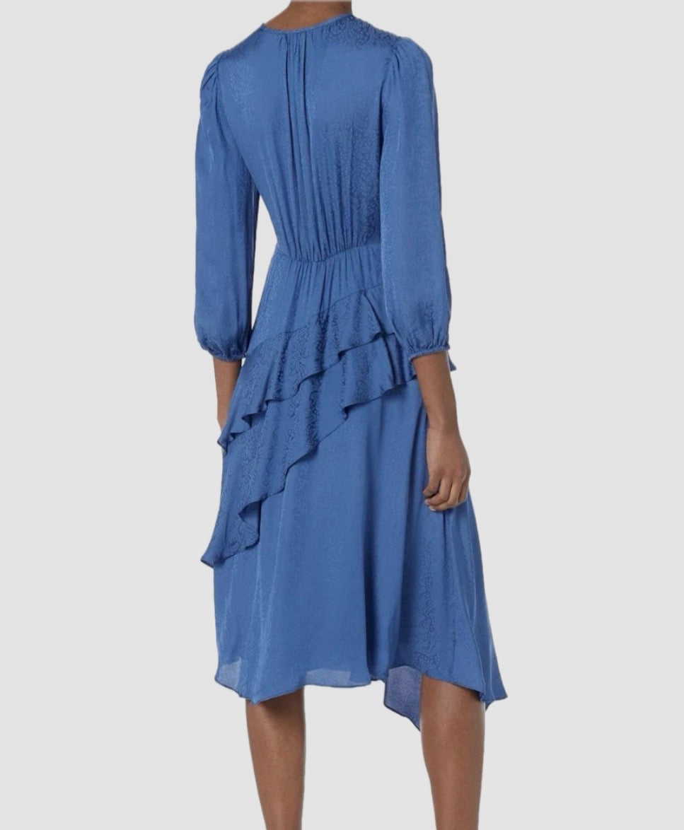 Shoshanna Tara Ruffle Satin Jacquard Dress - Denim Blue