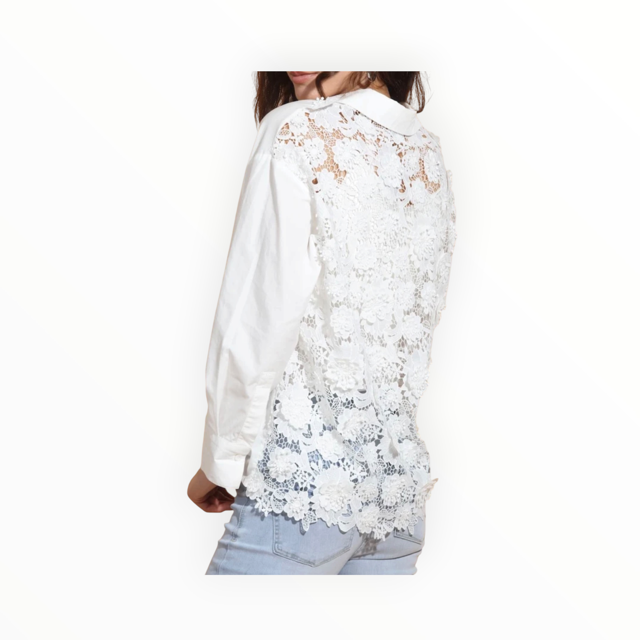 Jessie Liu Cotton Shirt with 3-D Applique Lace Back - White