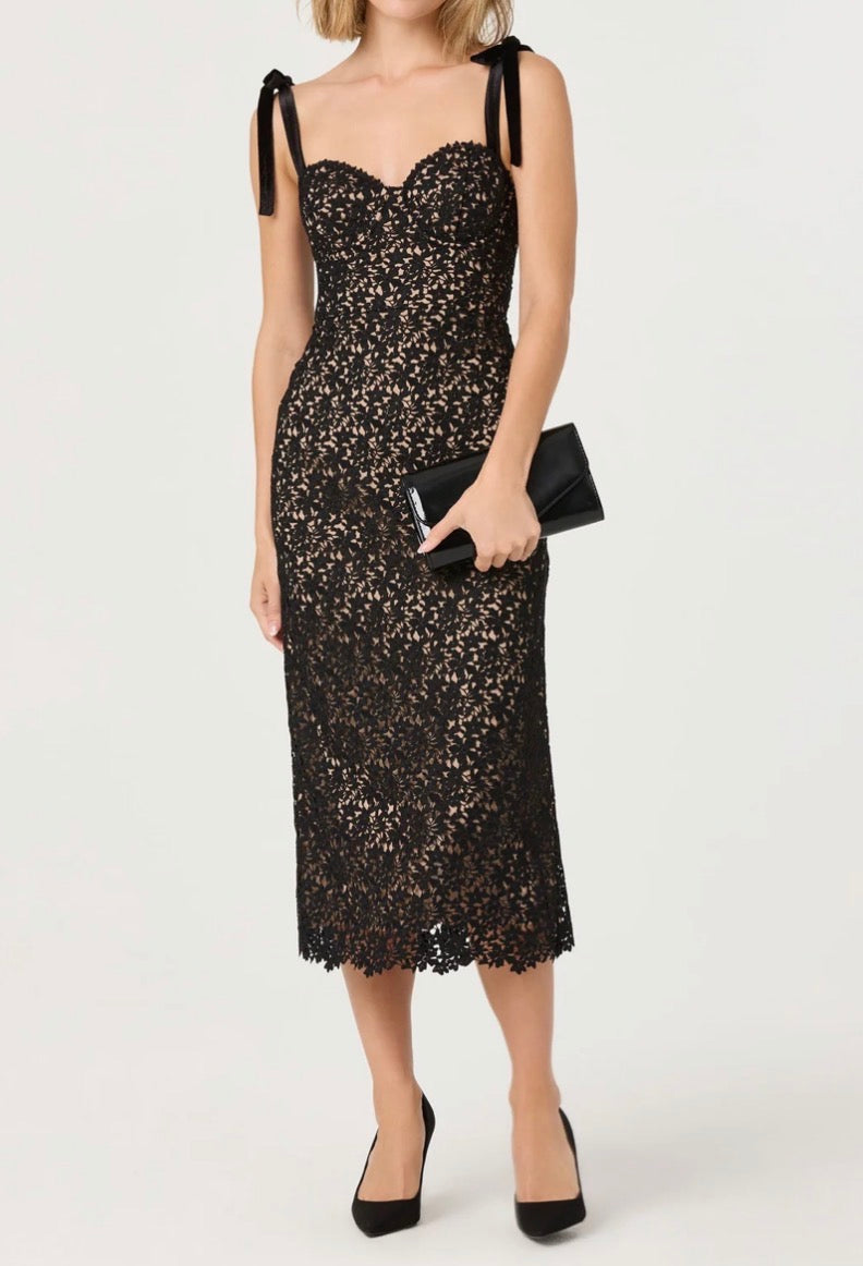 ASTR Donne Floral Lace Midi Dress - Black/Nude