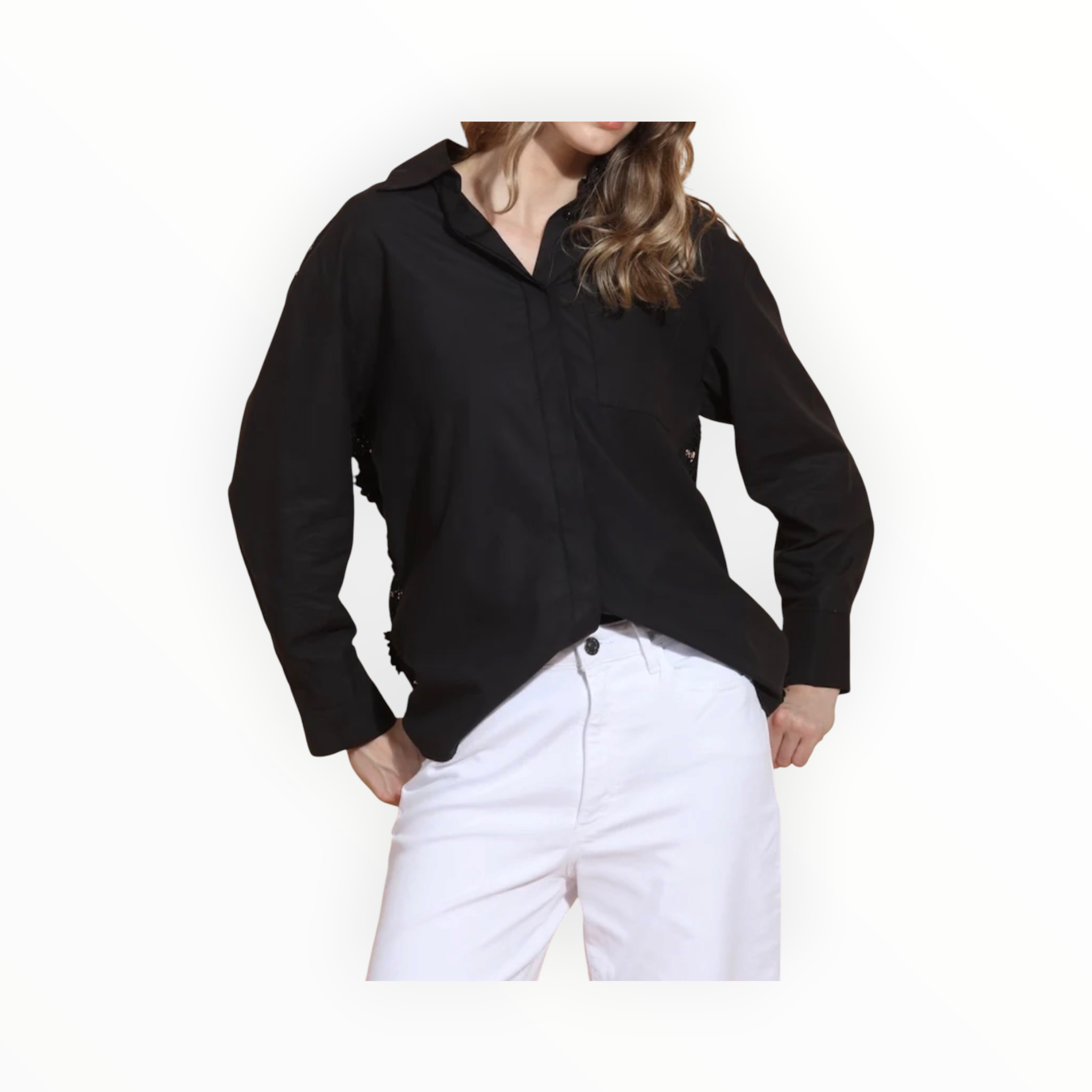 Jessie Liu Cotton Shirt with 3-D Applique Lace Back - Black