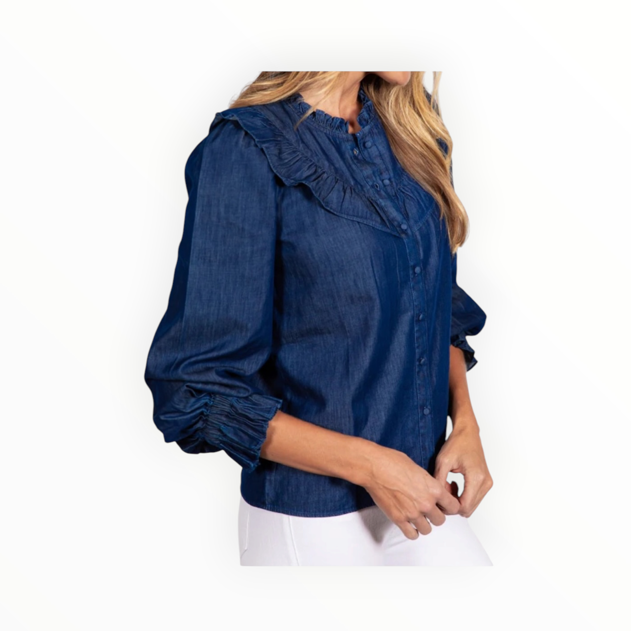 Sail to Sable Chambray Long Sleeve Ruffle Bib Blouse - Dark Blue Indigo