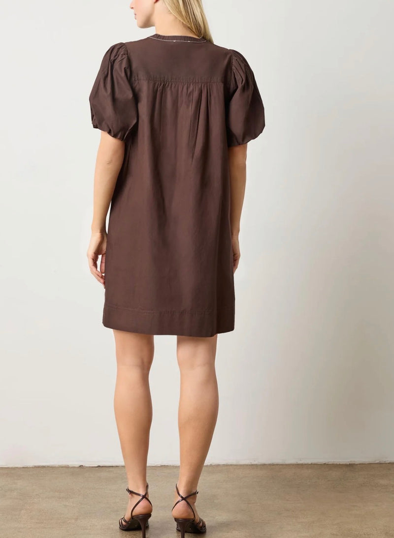 LILLA|P Shirred Sleeve Split Neck Dress - Espresso