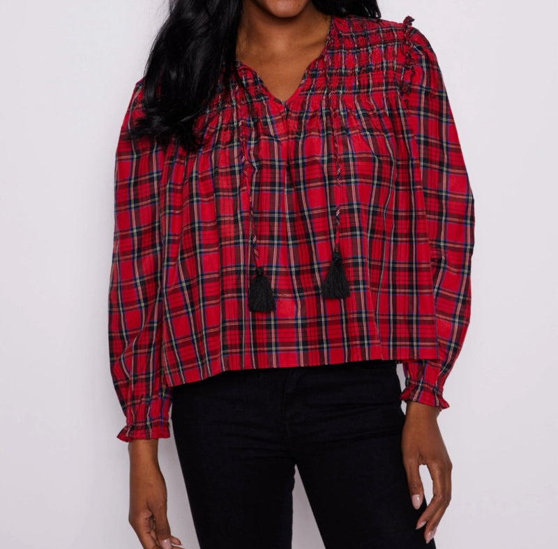 Sail to Sable Tartan Tassel Front Blouse - Red