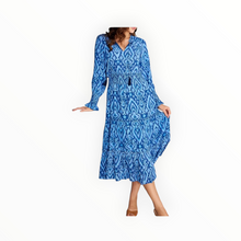 Sail To Sable Blue Ikat Smocked Waist Midi Dress with Tassels