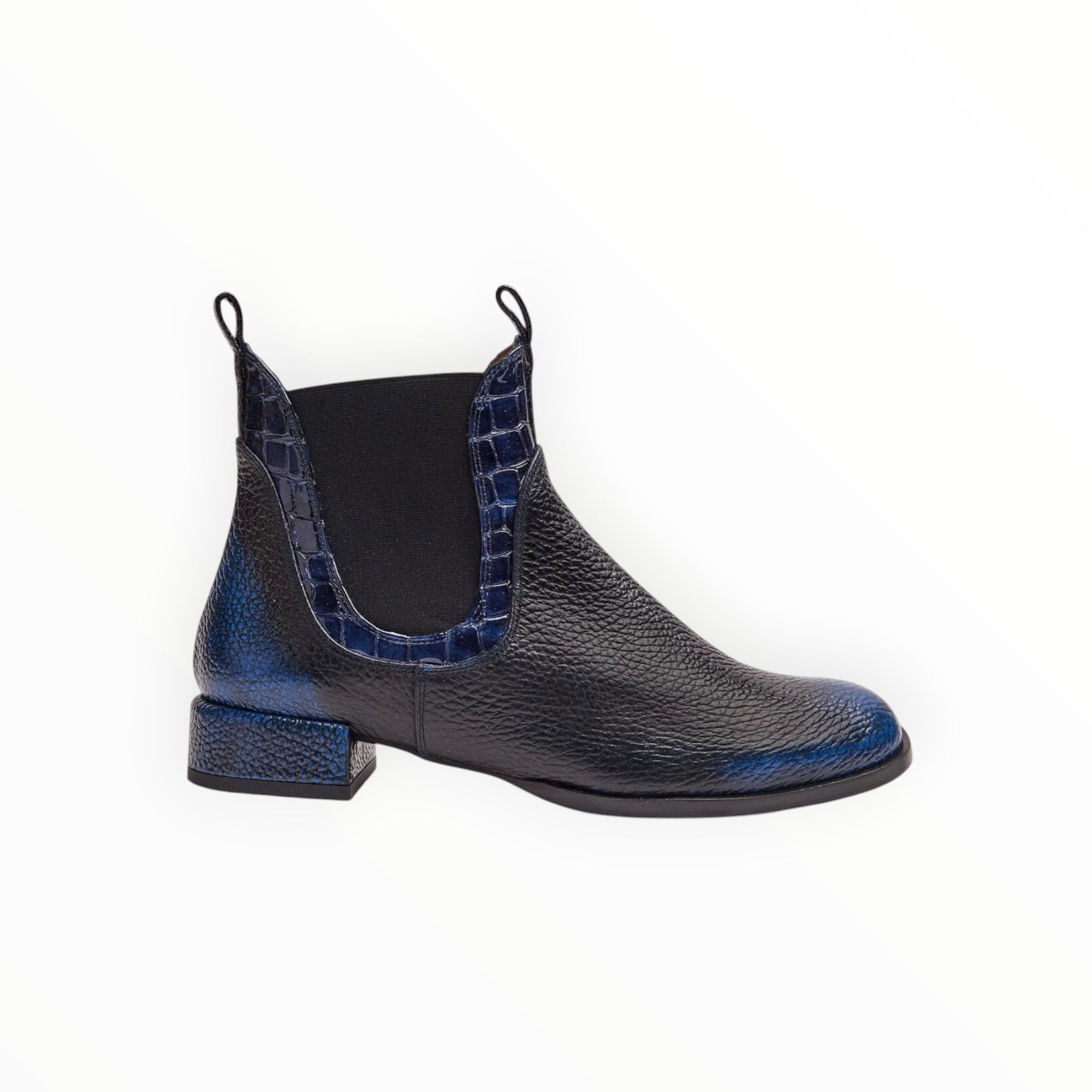 AUDLEY Mory Leather Ankle Bootie With Low Heel - Black/Blue