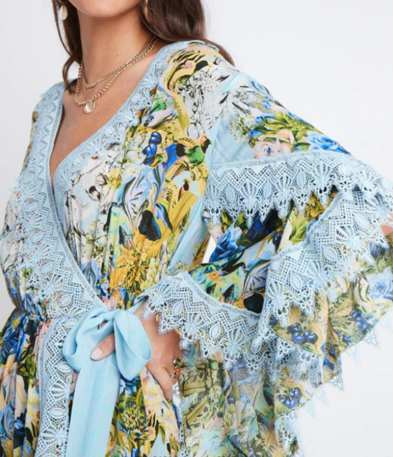 Czarina Summer Blues Short Wrap Dress With Lace