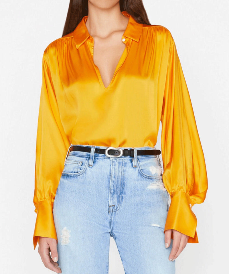 Frame Satin Keyhole Popover Shirt - Nectarine