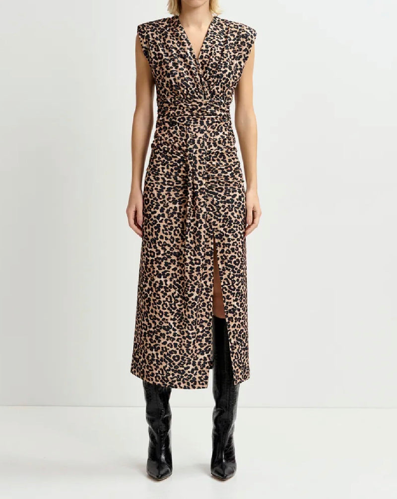 Essentiel Antwerp Brown Stretch-Jersey Midi Dress With Leopard Print